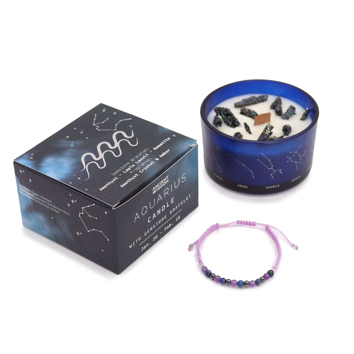 Aquarius Zodiac Crystal Candle with gemstone bracelet, midnight blue jar with constellation and crystals