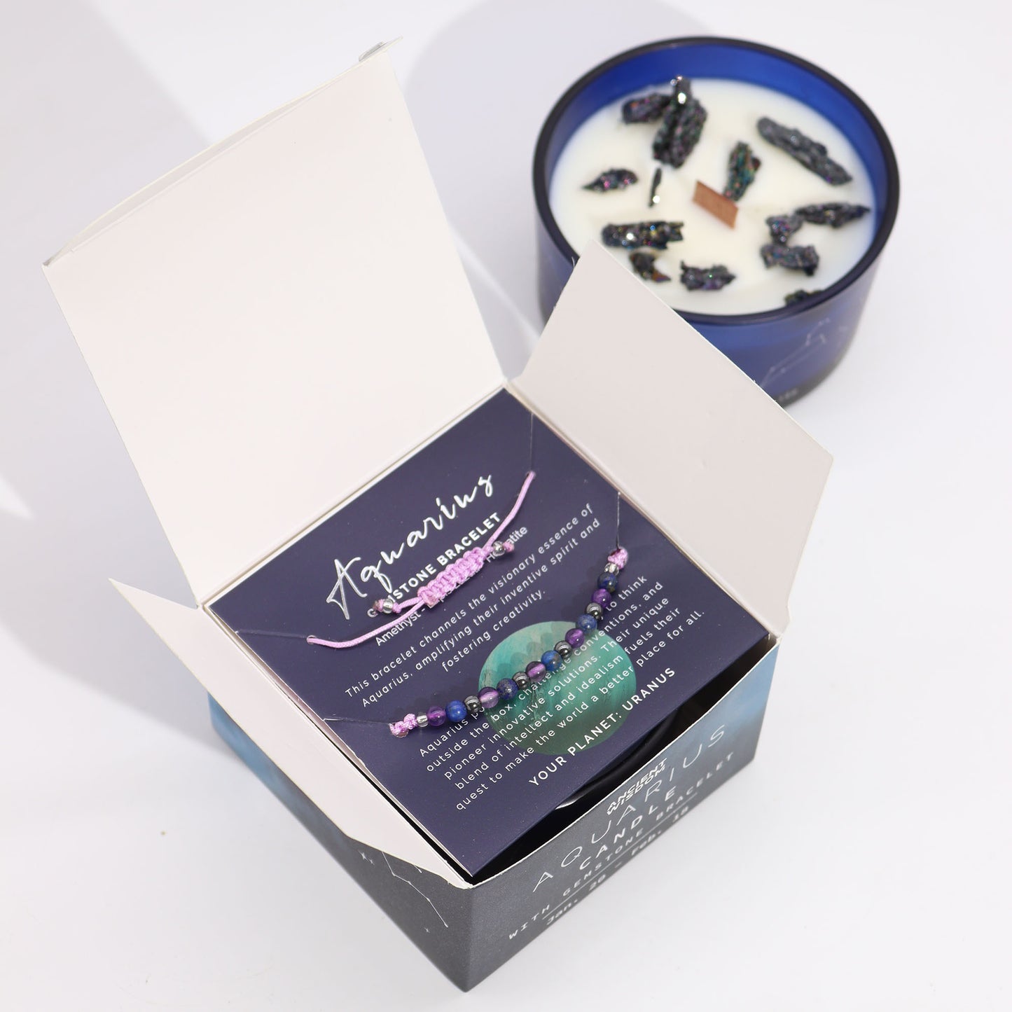 Aquarius Zodiac Crystal Candle with gemstone bracelet, midnight blue jar with constellation and crystals