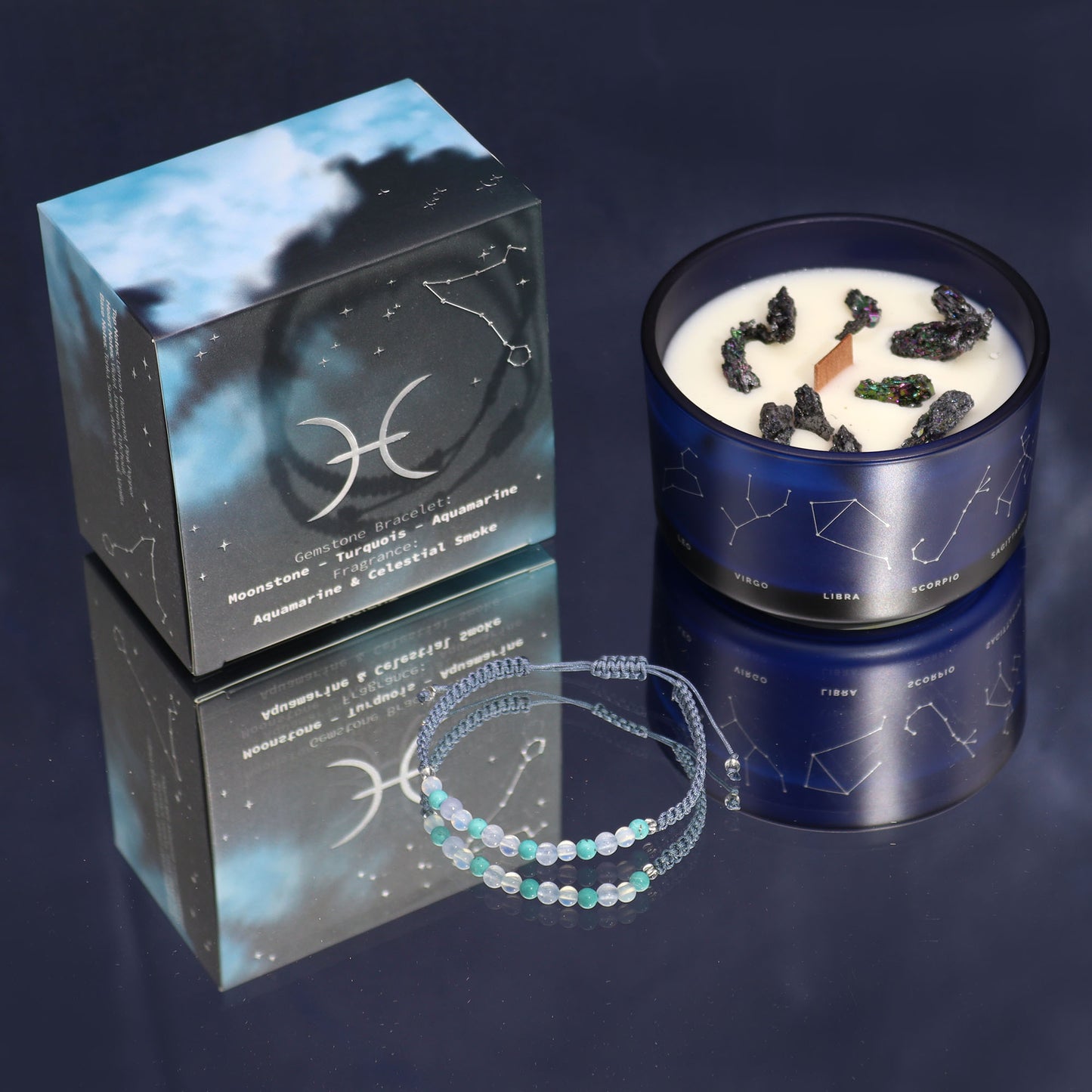 Pisces Zodiac Crystal Candle with gemstone bracelet, blue jar with constellation and pyrite crystals
