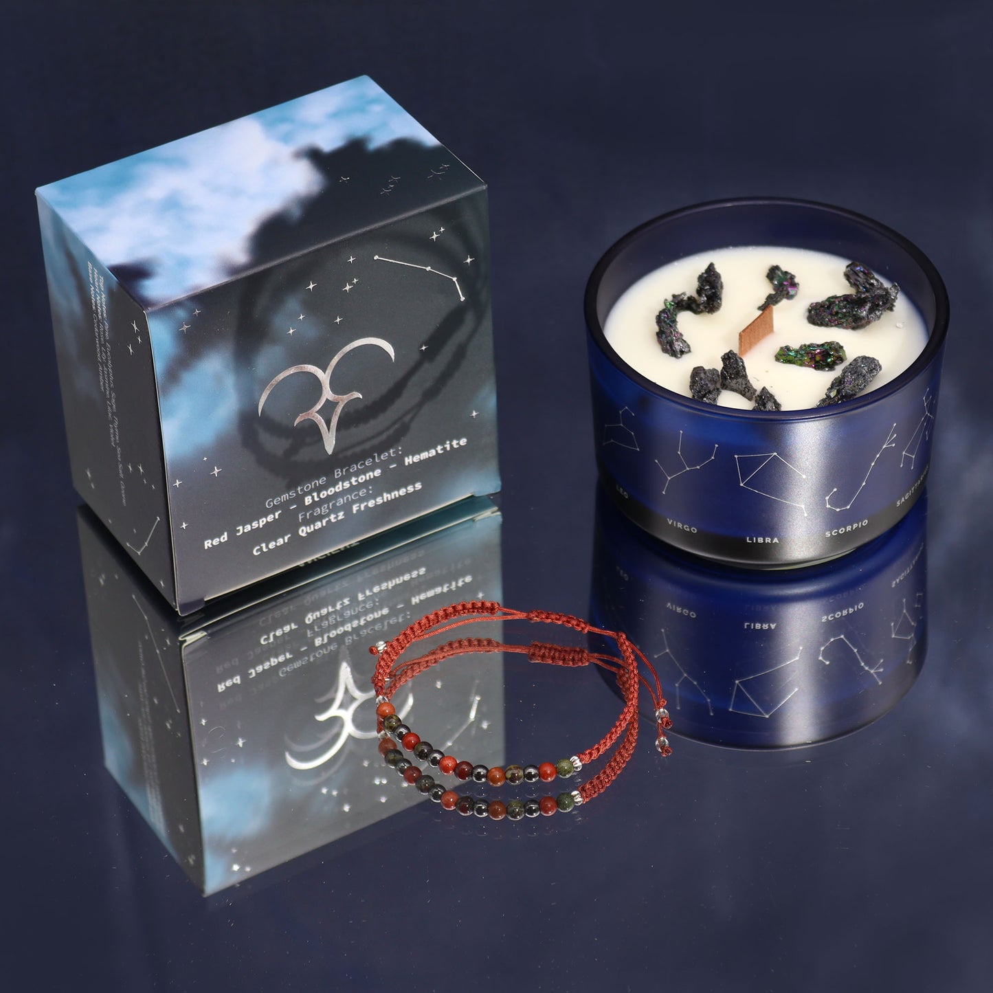 Aries Zodiac Crystal Candle with gemstone bracelet, midnight blue jar with constellation and energising crystals