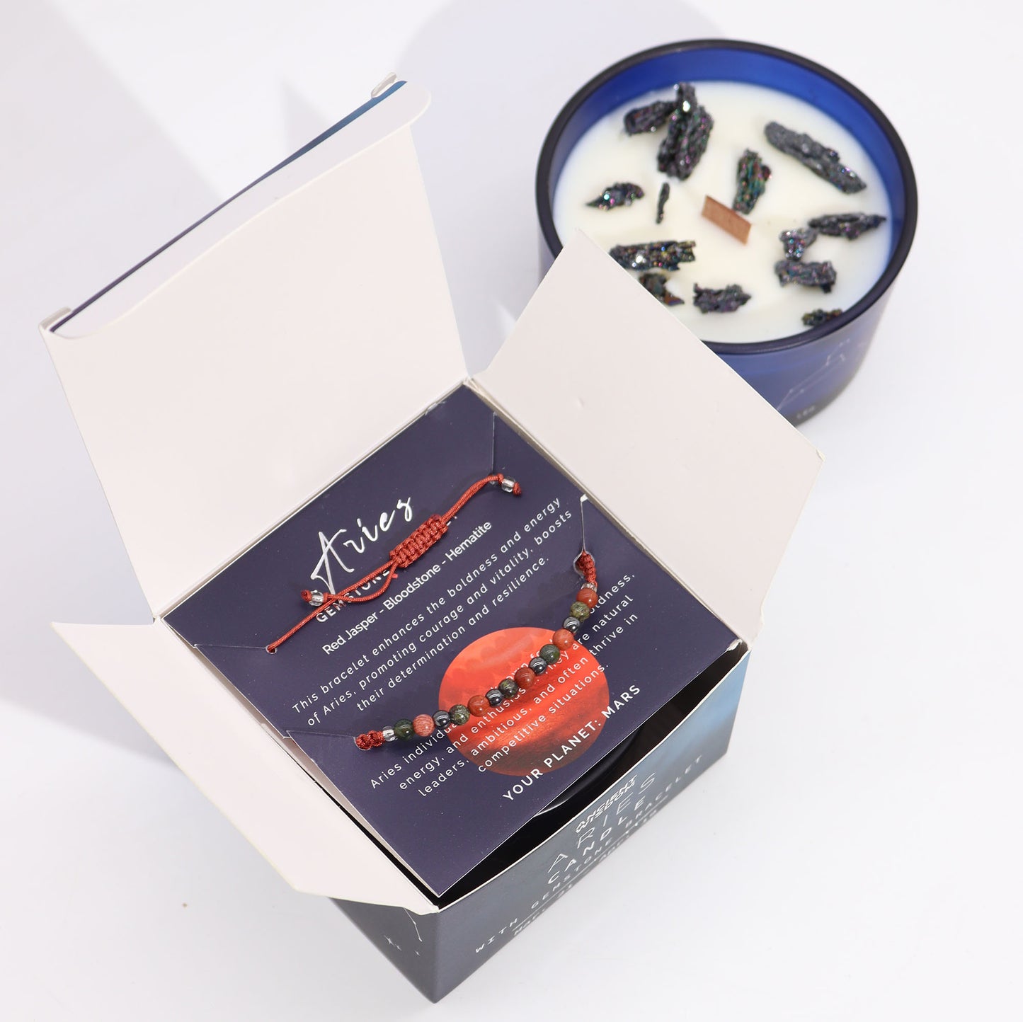 Aries Zodiac Crystal Candle with gemstone bracelet, midnight blue jar with constellation and energising crystals