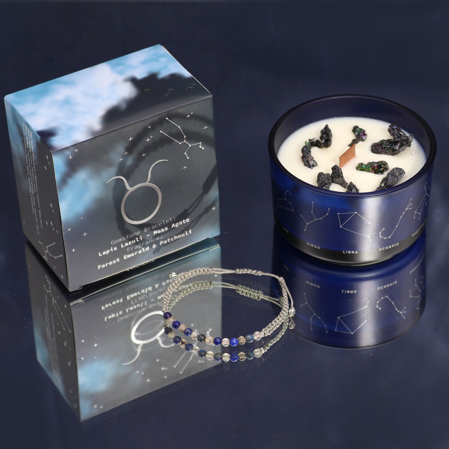 Taurus Zodiac Crystal Candle with gemstone bracelet, midnight blue jar with constellation and earthy crystal accents