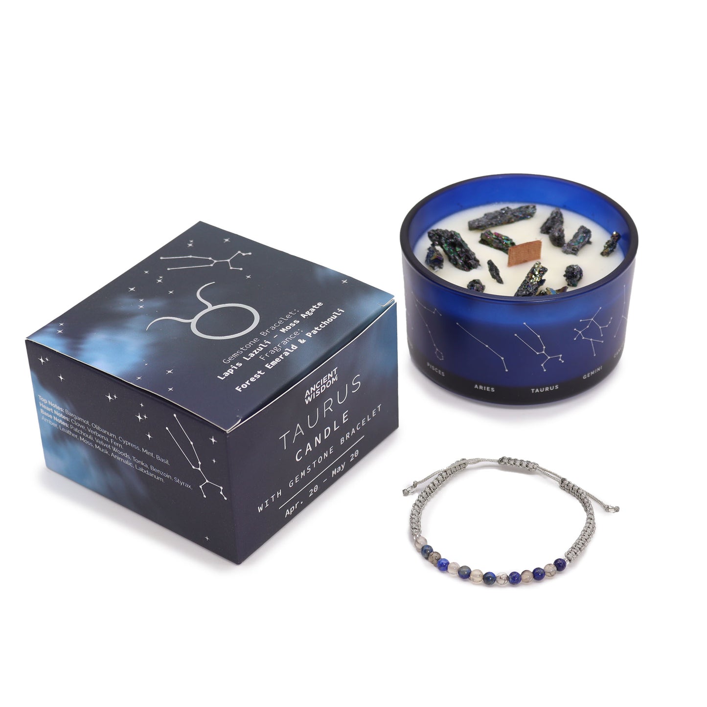 Taurus Zodiac Crystal Candle with gemstone bracelet, midnight blue jar with constellation and earthy crystal accents