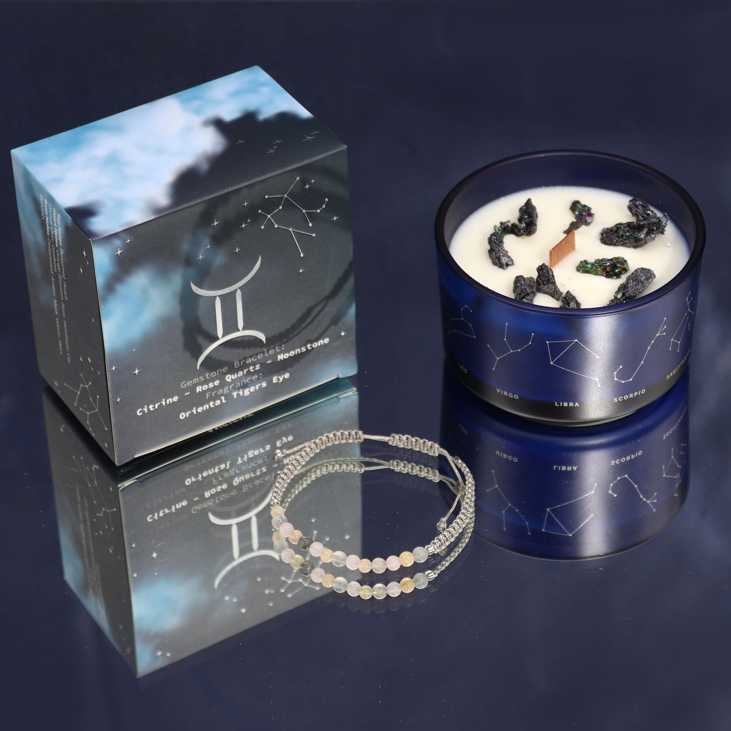 Gemini Zodiac Crystal Candle with gemstone bracelet, midnight blue jar with constellation and uplifting crystal energy