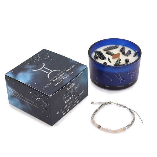 Gemini Zodiac Crystal Candle with gemstone bracelet, midnight blue jar with constellation and uplifting crystal energy