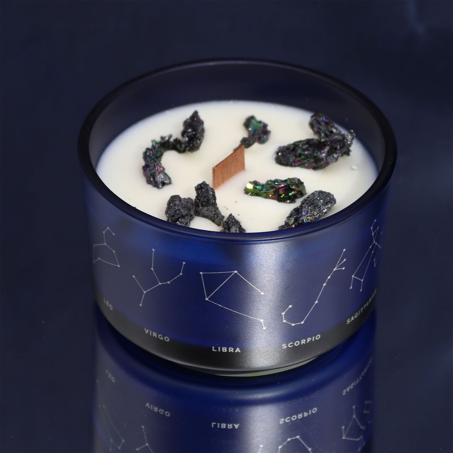 Gemini Zodiac Crystal Candle with gemstone bracelet, midnight blue jar with constellation and uplifting crystal energy