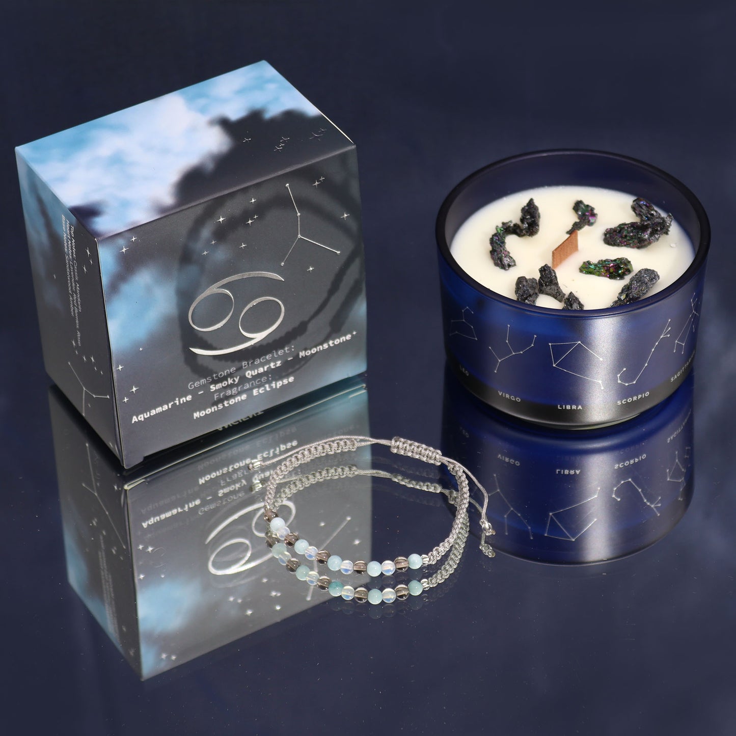 Cancer Zodiac Crystal Candle with gemstone bracelet, midnight blue jar with constellation and soothing crystal energy
