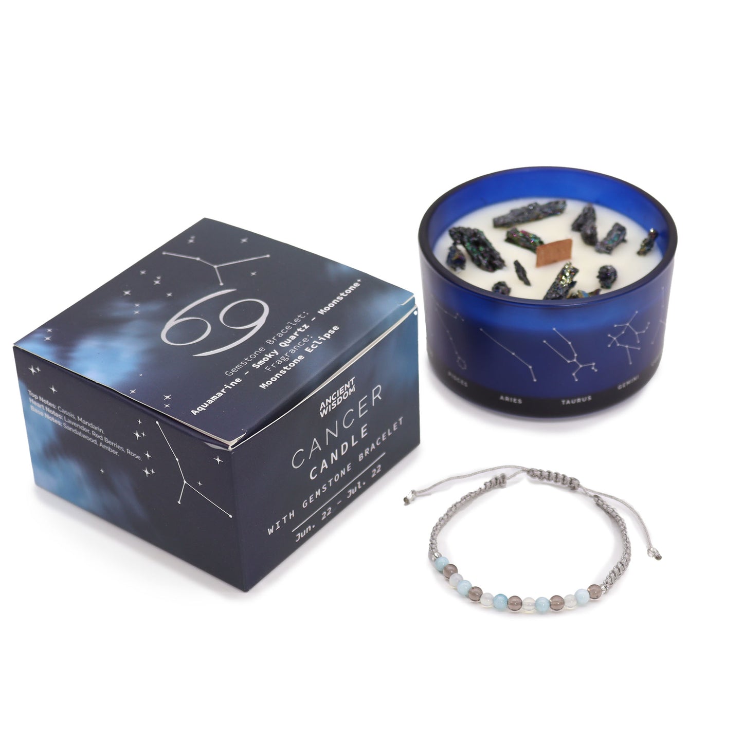 Cancer Zodiac Crystal Candle with gemstone bracelet, midnight blue jar with constellation and soothing crystal energy