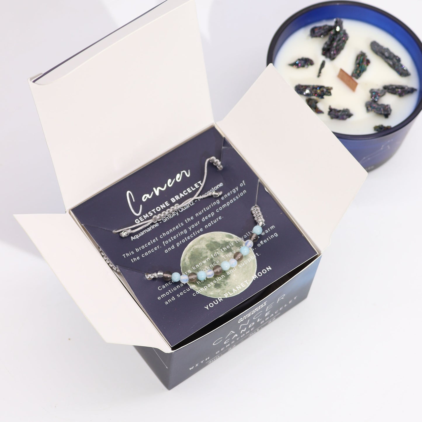 Cancer Zodiac Crystal Candle with gemstone bracelet, midnight blue jar with constellation and soothing crystal energy