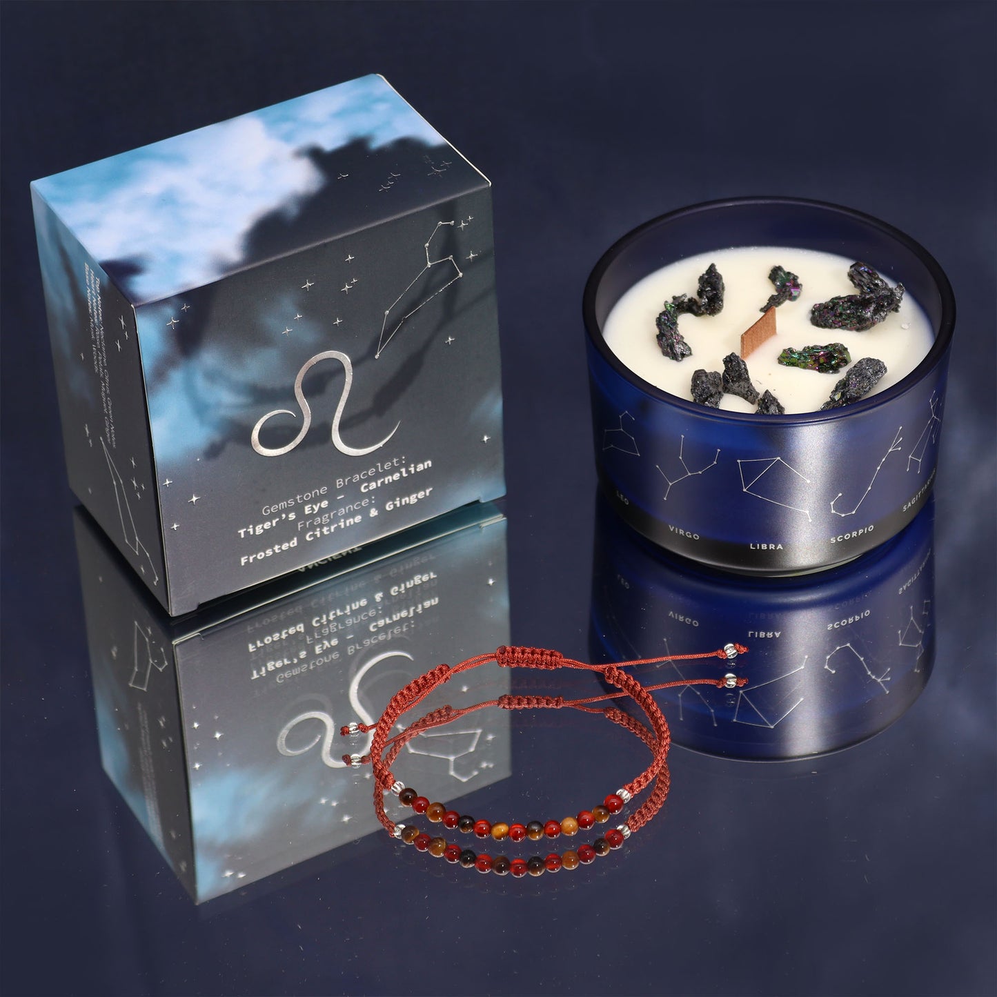 Leo Zodiac Crystal Candle with gemstone bracelet, midnight blue jar with constellation and fiery gemstone energy