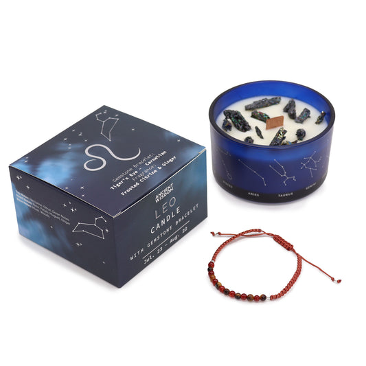 Leo Zodiac Crystal Candle with gemstone bracelet, midnight blue jar with constellation and fiery gemstone energy