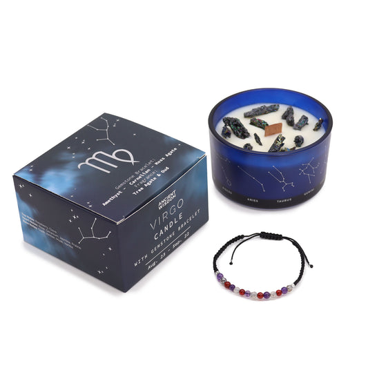 Virgo Zodiac Crystal Candle with gemstone bracelet, midnight blue jar with constellation and earthy crystal accents