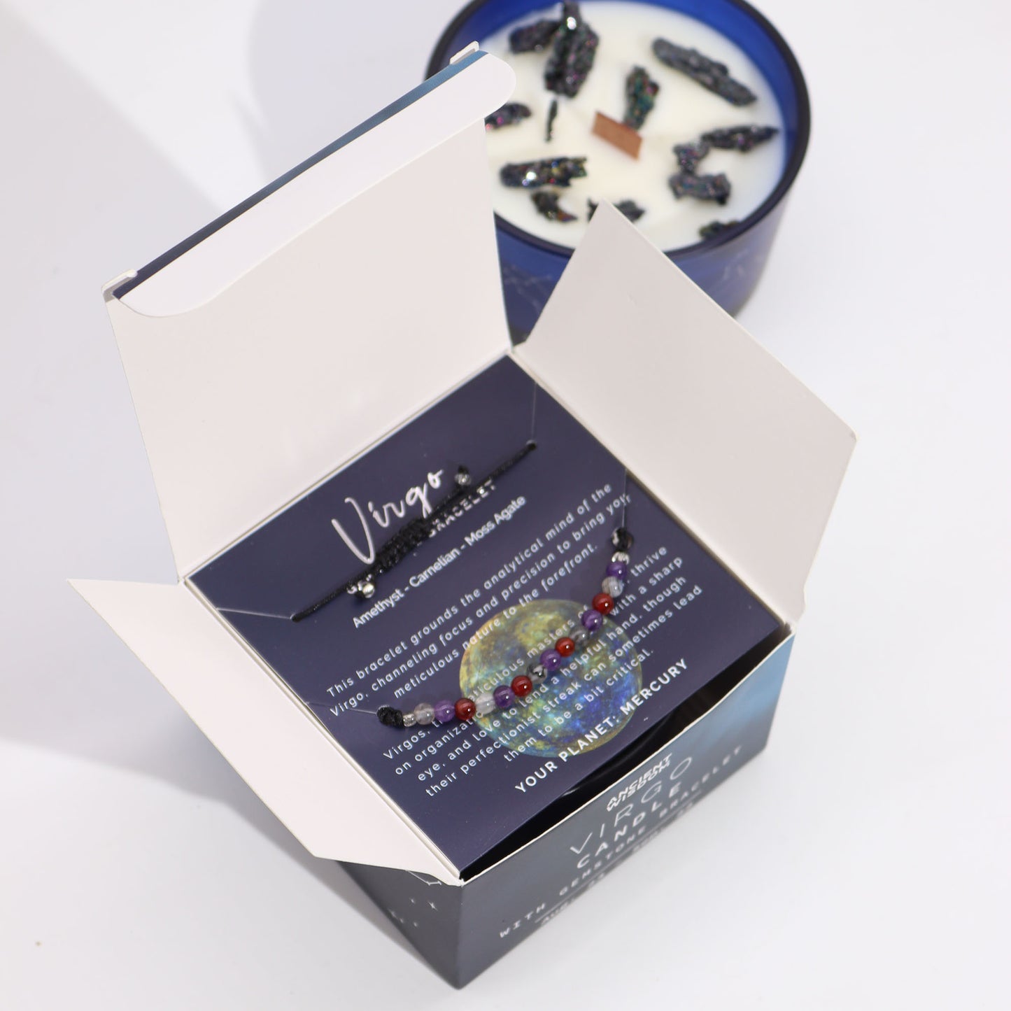 Virgo Zodiac Crystal Candle with gemstone bracelet, midnight blue jar with constellation and earthy crystal accents
