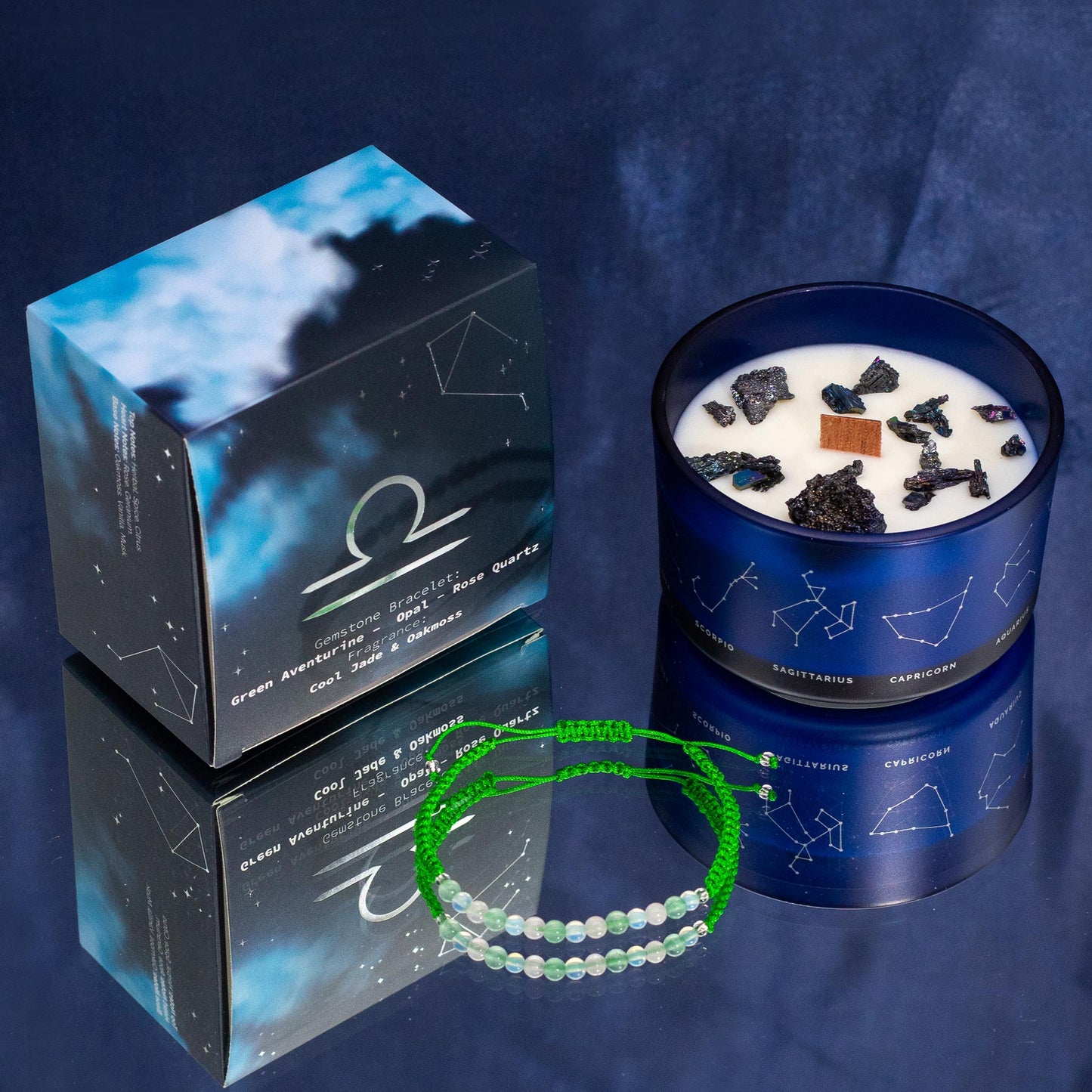 Libra Zodiac Crystal Candle with gemstone bracelet, midnight blue jar with constellation and harmony-inspiring crystals