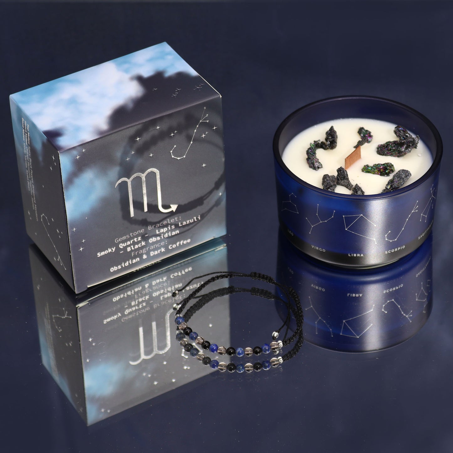 Scorpio Zodiac Crystal Candle with gemstone bracelet, midnight blue jar with constellation and powerful crystal energy