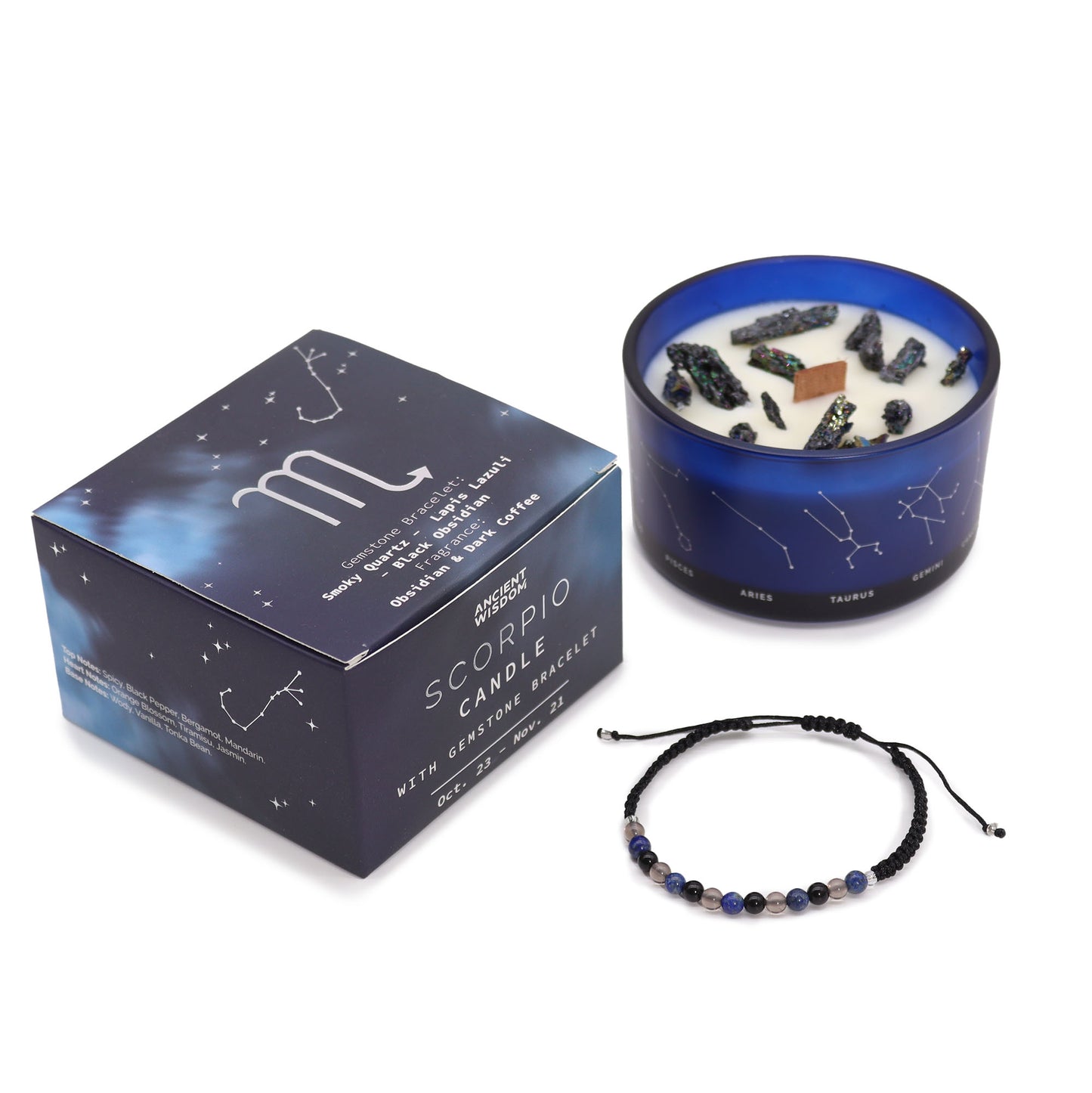 Scorpio Zodiac Crystal Candle with gemstone bracelet, midnight blue jar with constellation and powerful crystal energy