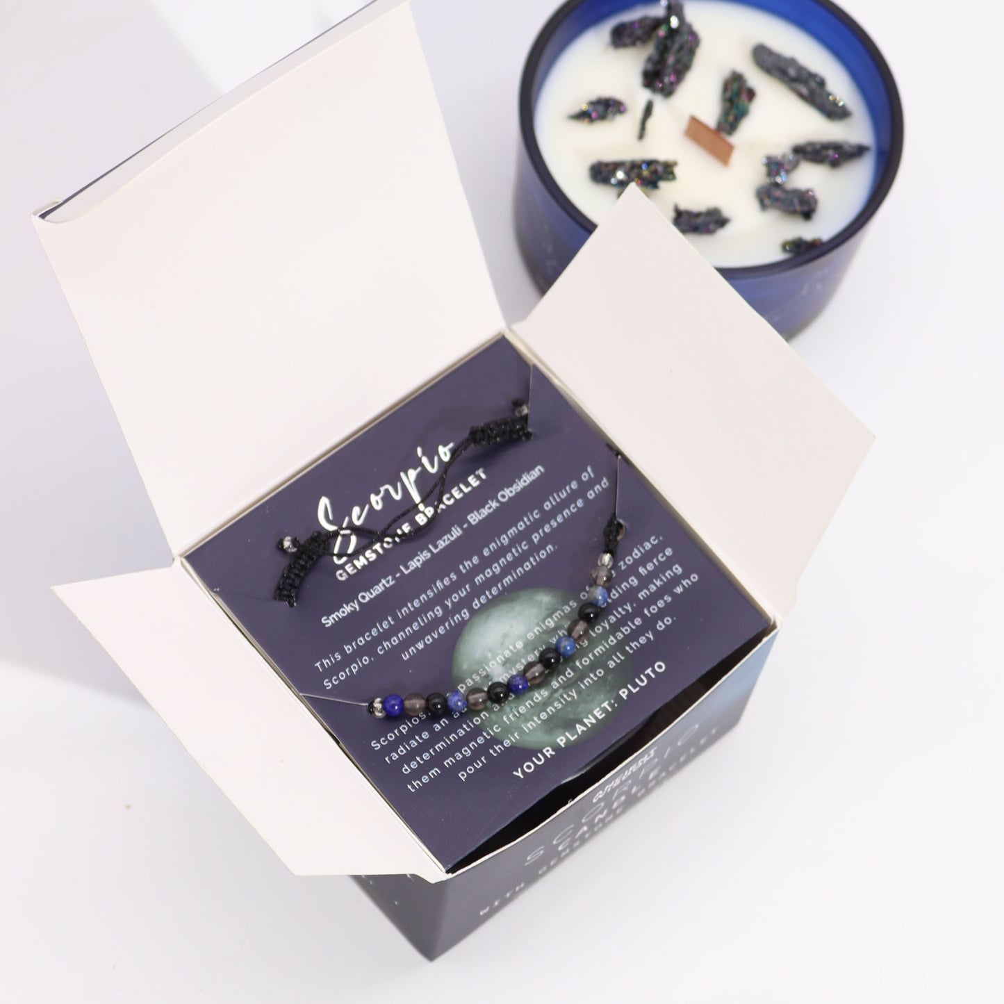 Scorpio Zodiac Crystal Candle with gemstone bracelet, midnight blue jar with constellation and powerful crystal energy