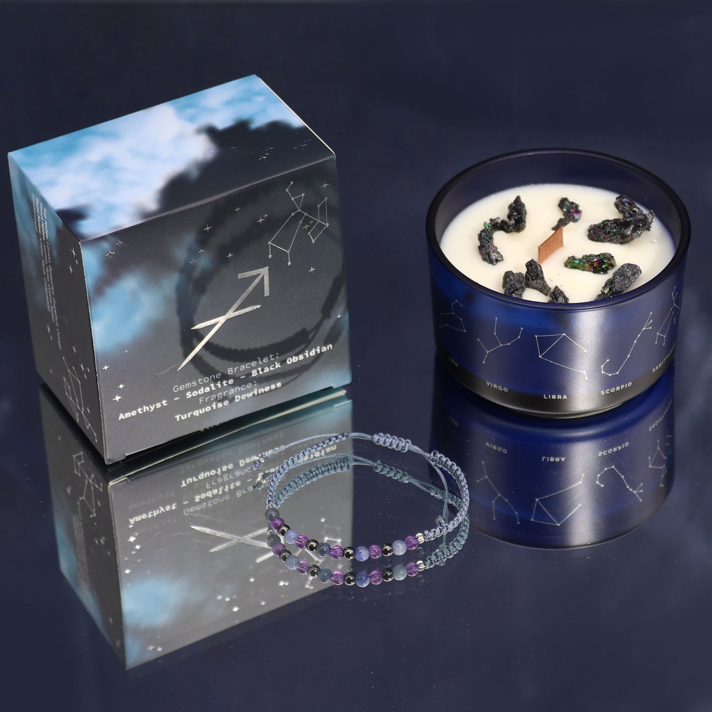 Sagittarius Zodiac Crystal Candle with gemstone bracelet, midnight blue jar with constellation and uplifting gemstone energy