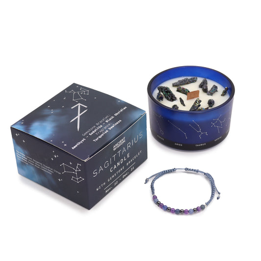 Sagittarius Zodiac Crystal Candle with gemstone bracelet, midnight blue jar with constellation and uplifting gemstone energy
