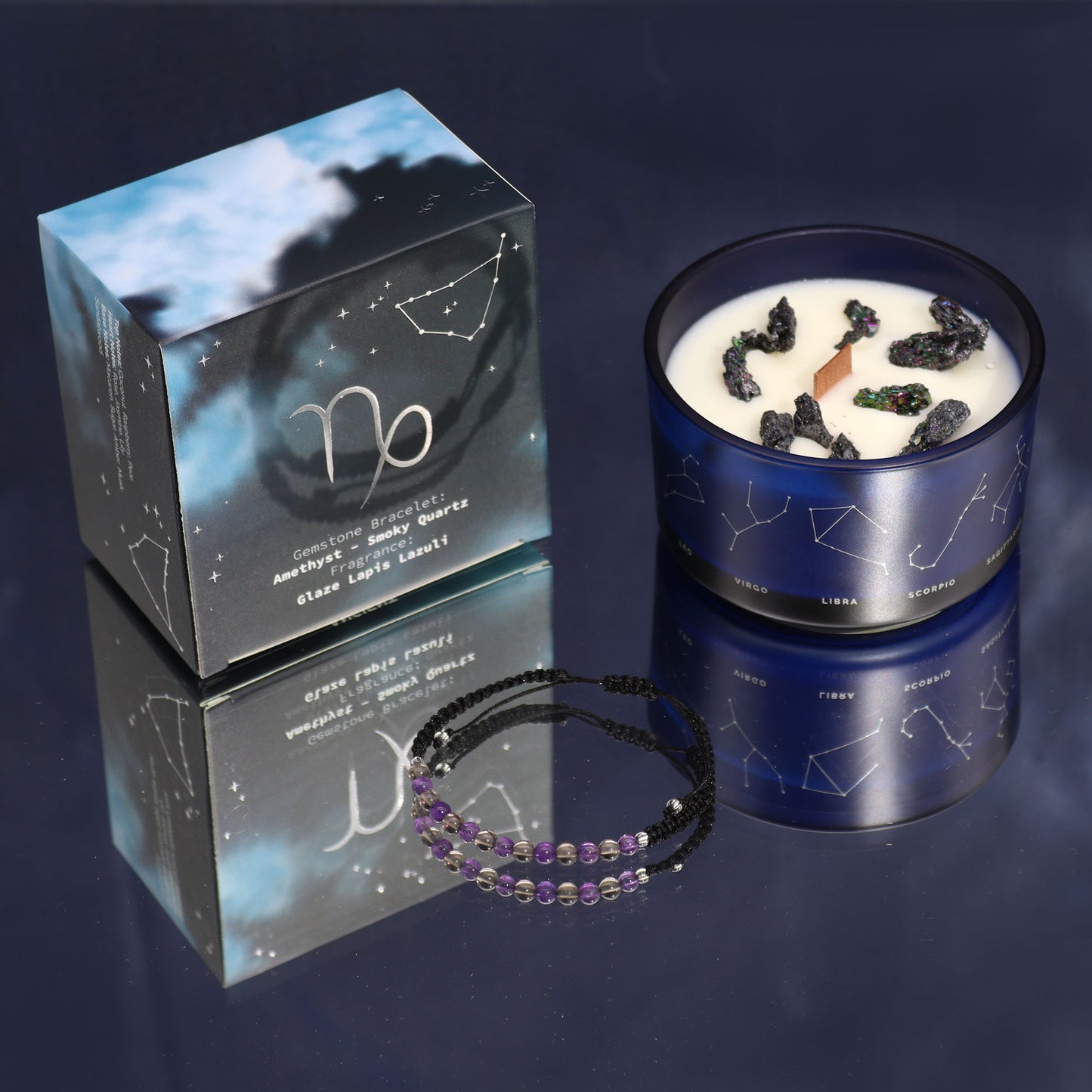 Capricorn Zodiac Crystal Candle with gemstone bracelet, midnight blue jar with constellation and grounding crystal energy
