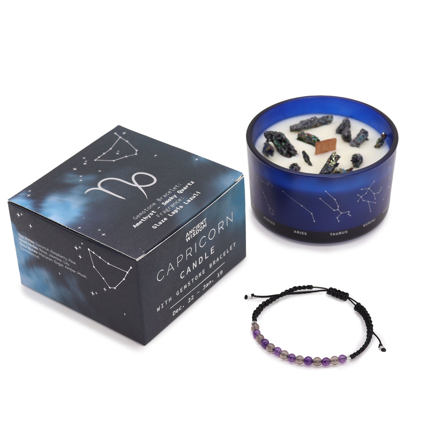 Capricorn Zodiac Crystal Candle with gemstone bracelet, midnight blue jar with constellation and grounding crystal energy