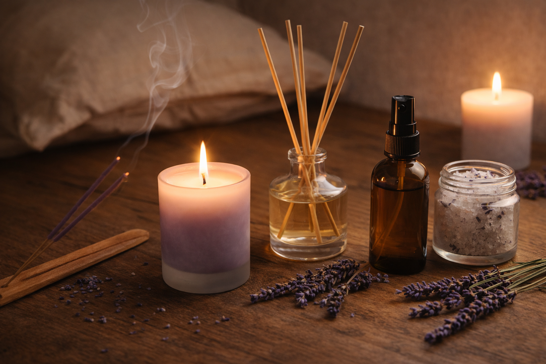 Aromatherapy products, incense, candle, reed diffuser, room spray and bath salts. 