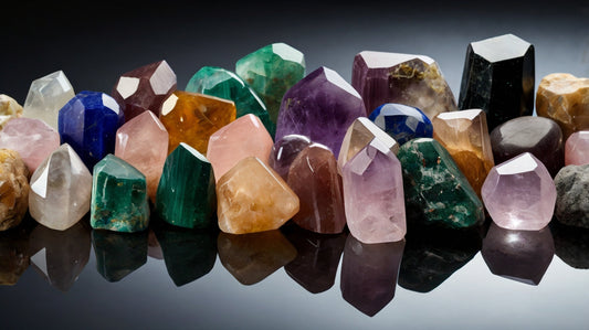 Selection of crystals on a reflective surface, crystals include amethyst, rose quartz, clear quartz, citrine, etc