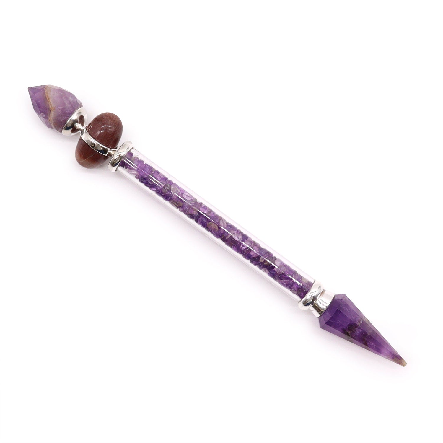 Crystal wand made from amethyst crystals and lingam stone, purple healing wand