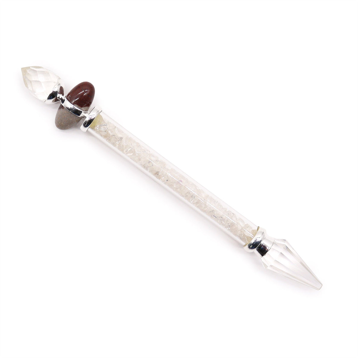 Shiva Lingam wand with rock quartz chips and polished crystal ends, designed for energy amplification and spiritual clarity during meditation or rituals.

