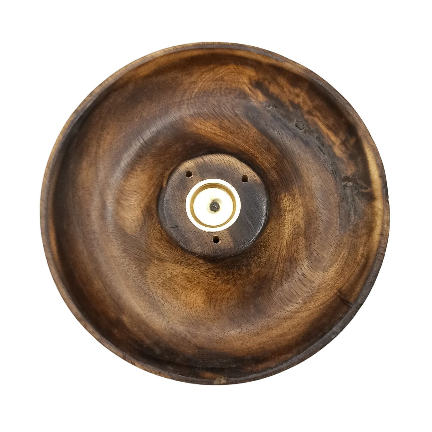 Plain round mango wood incense burner disc with brass holder, handcrafted for stick and cone incense use in a clean, minimalist style.


