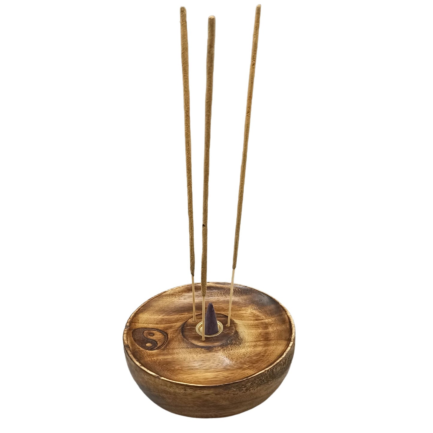 Round mango wood incense burner disc with Yin & Yang symbol, holds both sticks and cones with brass insert and sloped surface for ash.

