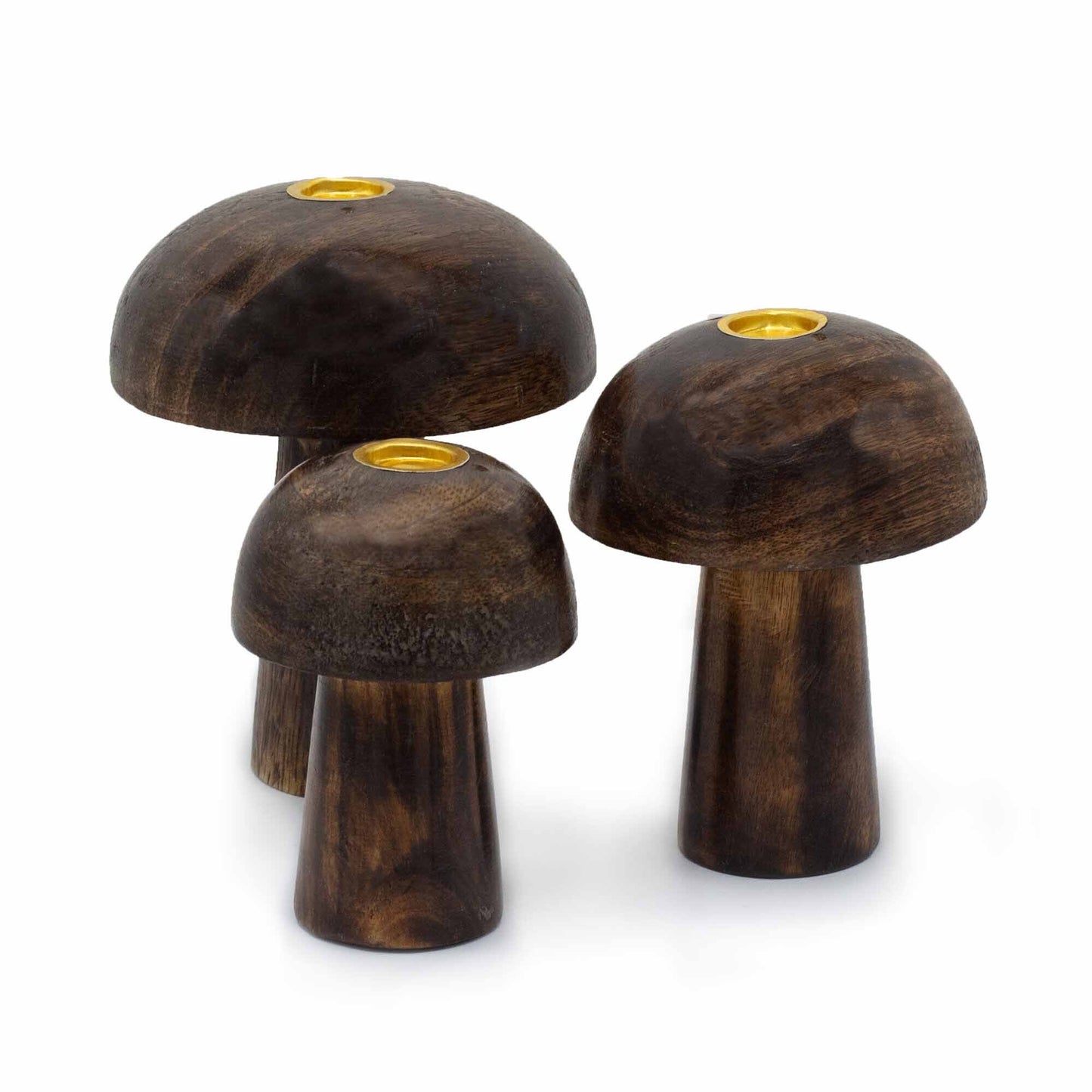 Set of 3 handcrafted mango wood mushroom incense holders in 10cm, 9cm, and 8cm sizes with brass plates for burning incense cones.

