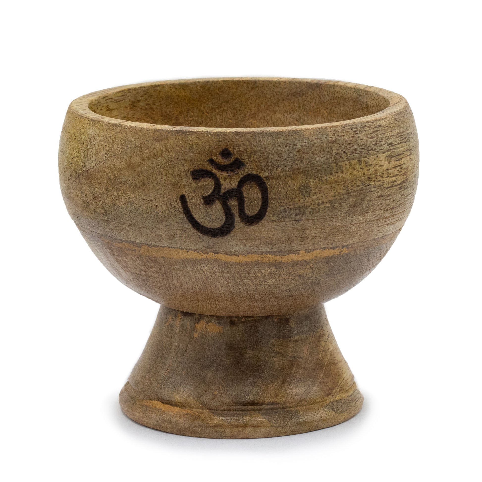 Handcrafted mango wood incense holder with Om symbol. 11x6cm ritual bowl for cones or sticks. Ideal for altars and spiritual practice.
