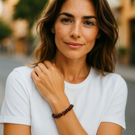 Blood Garnet crystal chip stone bracelet with deep red stones, worn by a woman with brown hair and white shirt, symbolising strength, passion, and emotional resilience.

