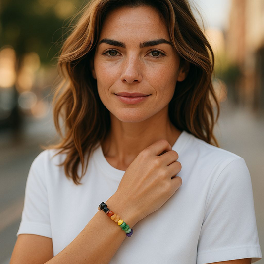 Chip stone chakra bracelet with seven natural gemstones, being worn by woman with brown hair and white shirt, designed to align and balance the body’s energy centres.
