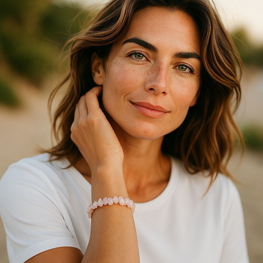 Rose Quartz chip stone bracelet with soft pink stones, worn by a woman with brown hair and white shirt, symbolising love, compassion, and emotional healing.

