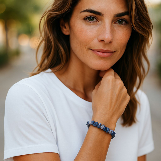 Sodalite chip stone bracelet with deep blue and white stones, worn by a woman with brown hair and white shirt, symbolising truth, clarity, and intuitive awareness.
