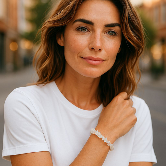 Opalite chip stone bracelet with glowing, translucent beads, worn by a woman with brown hair and white shirt, symbolising clarity, emotional balance, and calm transformation.
