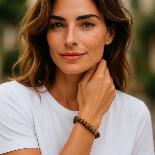 Green Jasper chip stone bracelet with earthy green tones, worn by a woman with brown hair and white shirt, symbolising stability, emotional balance, and gentle renewal.
