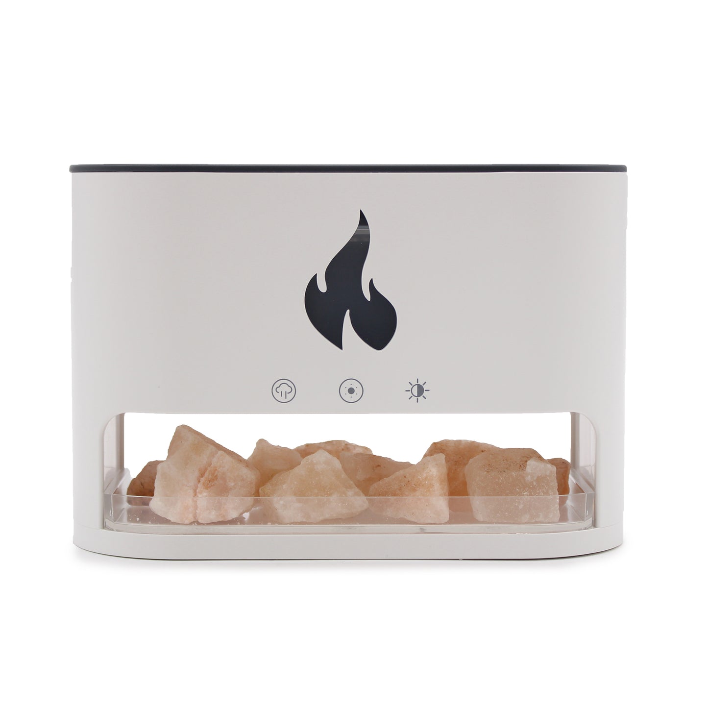 White Blaze aroma diffuser with glowing Himalayan salt chamber and USB power, featuring colour light and ultrasonic mist for peaceful ambiance.

