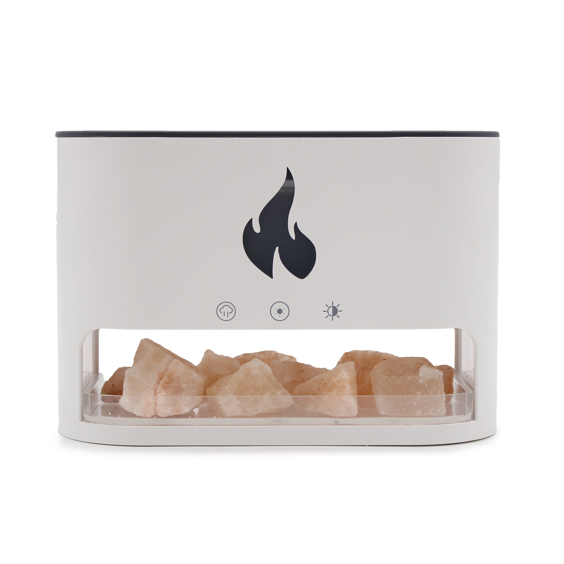White Blaze aroma diffuser with glowing Himalayan salt chamber and USB power, featuring colour light and ultrasonic mist for peaceful ambiance.

