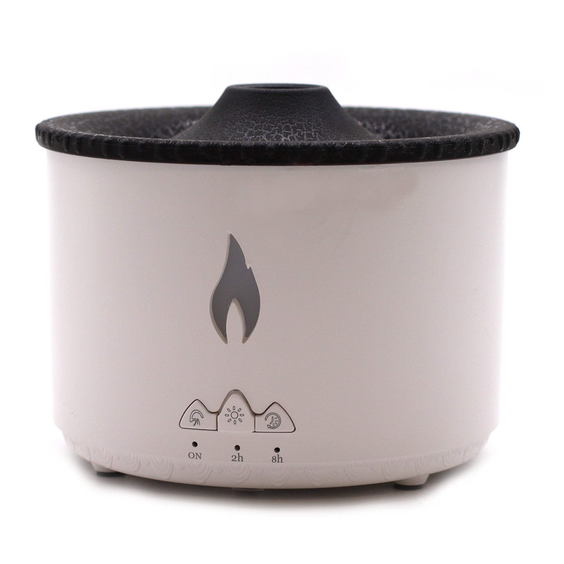 Medium volcano-style aroma diffuser with twin mist outlets, UK plug, and LED light for glowing aromatherapy in medium-sized rooms.

