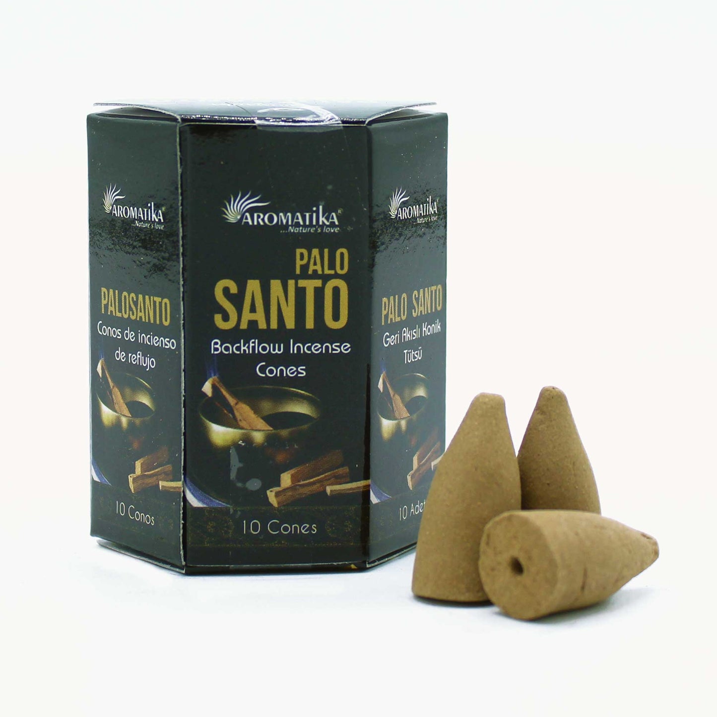 Box of Aromatika Palo Santo masala backflow incense cones with 10 pieces and rich, grounding fragrance.

