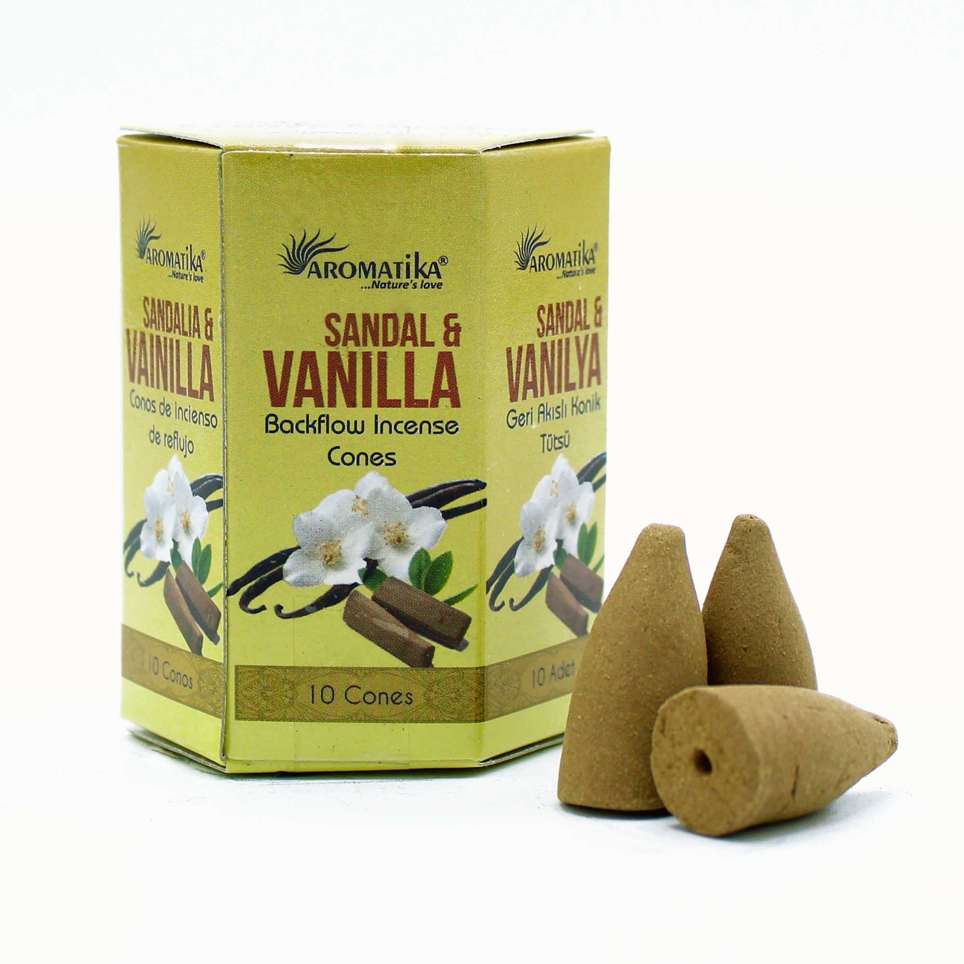 Sandalwood and vanilla Aromatika backflow incense cone box with 10 pieces and classic warm woody fragrance.

