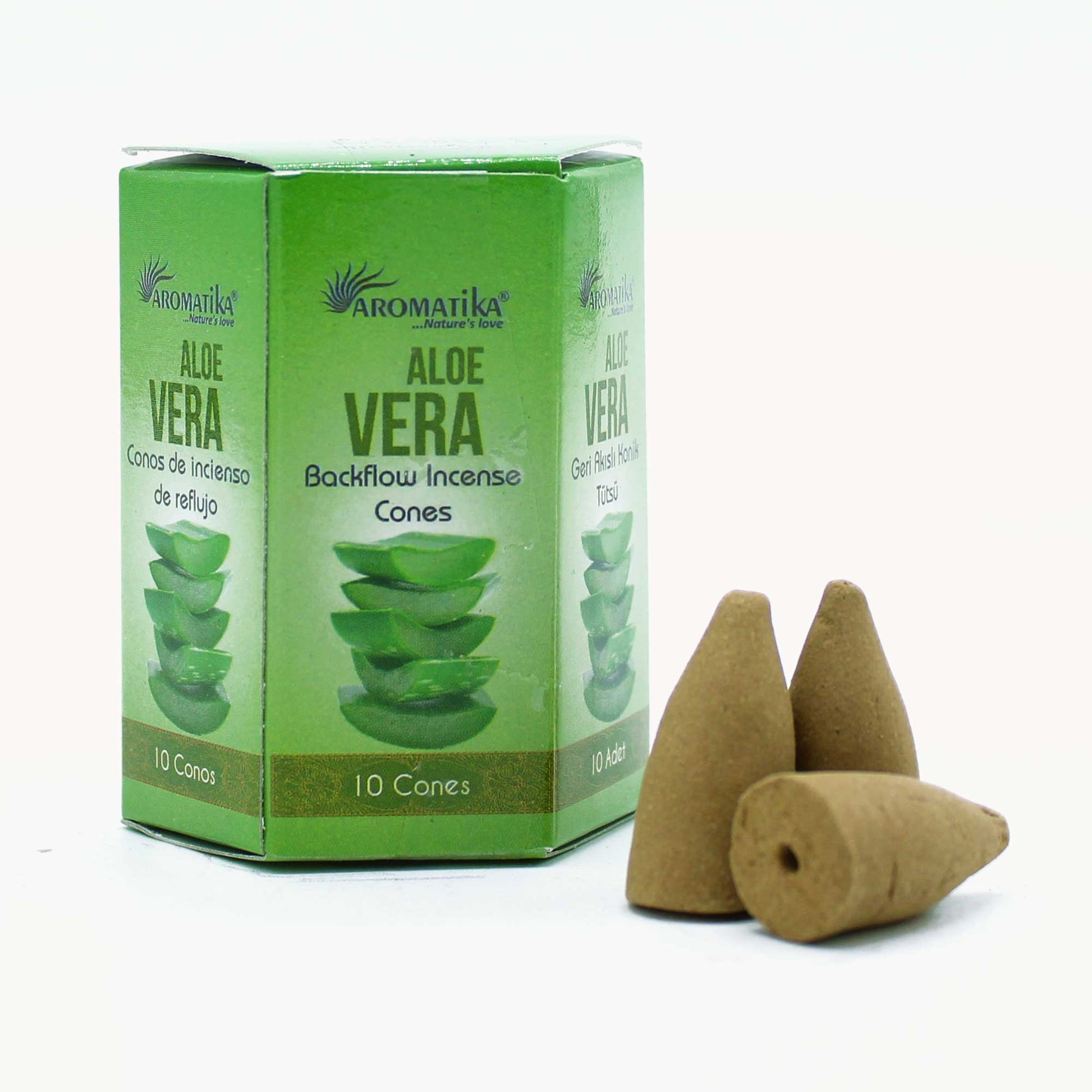 Aromatika Aloe Vera backflow incense cones in decorative box with 10 refreshing, herbally scented cones for purification and relaxation.

