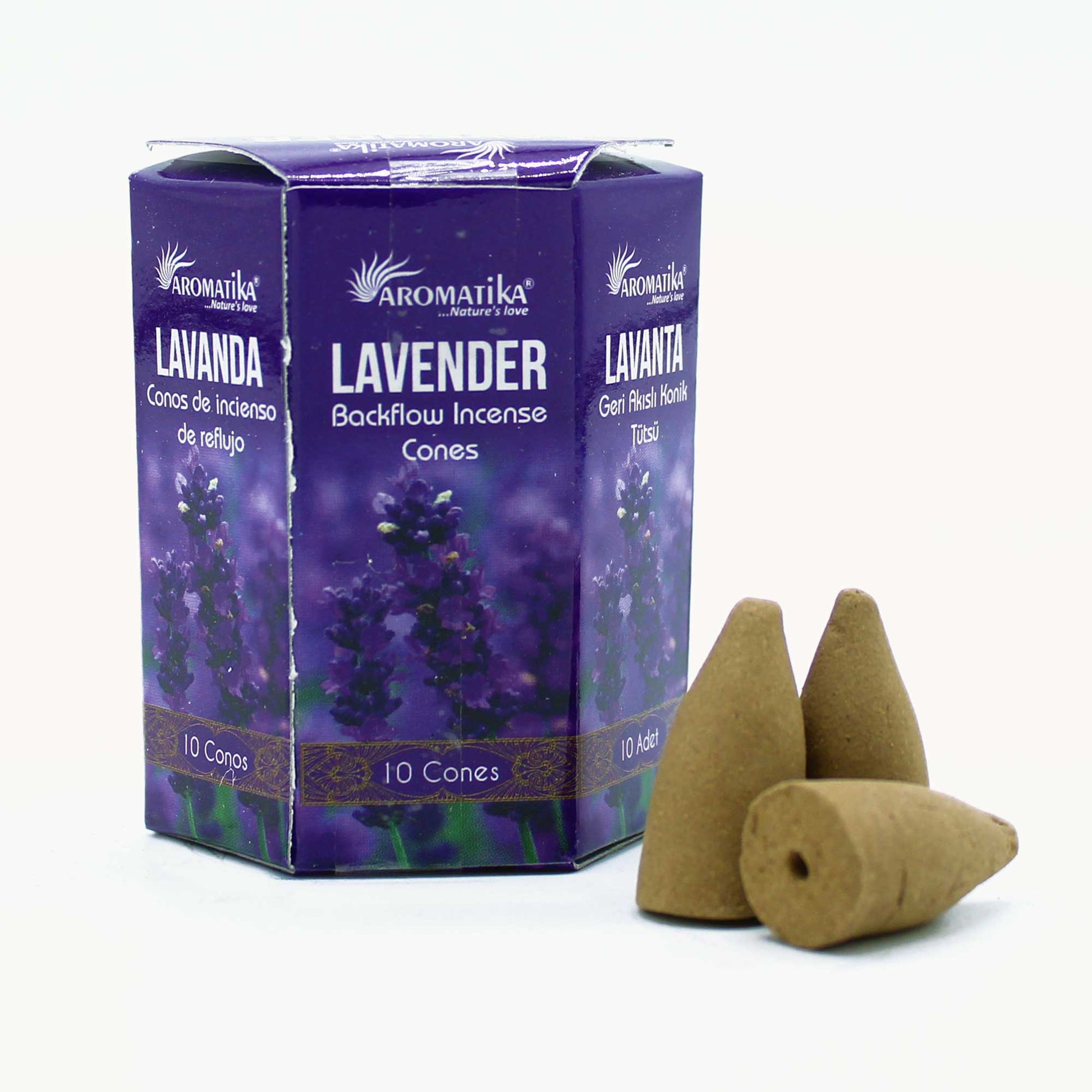 Aromatika Lavender backflow incense cones in floral box, featuring 10 calming cones for rest and relaxation with a soft smoke cascade.


