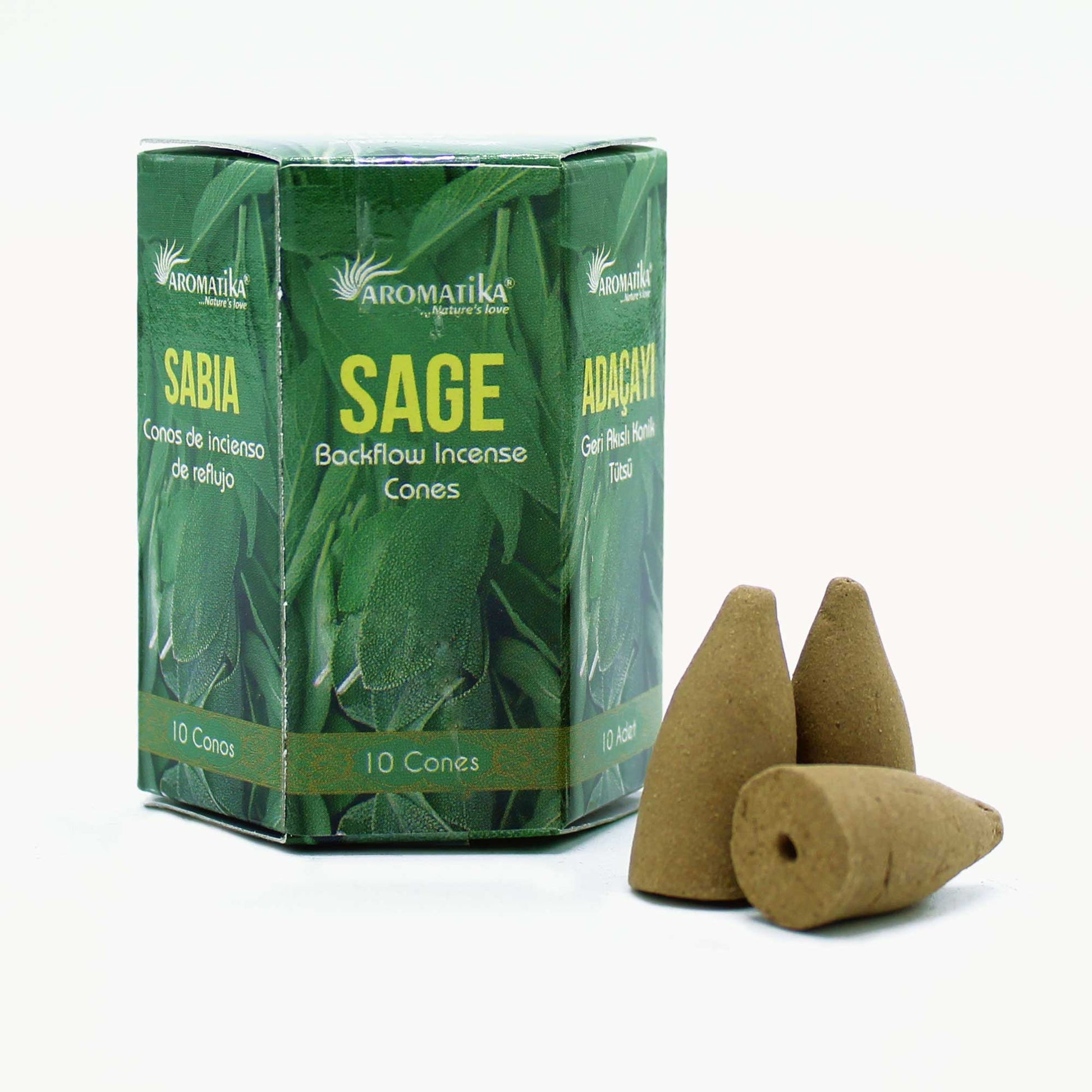 Aromatika Sage backflow incense cones in a green box, featuring 10 cones for energy clearing and smoke waterfall effect.

