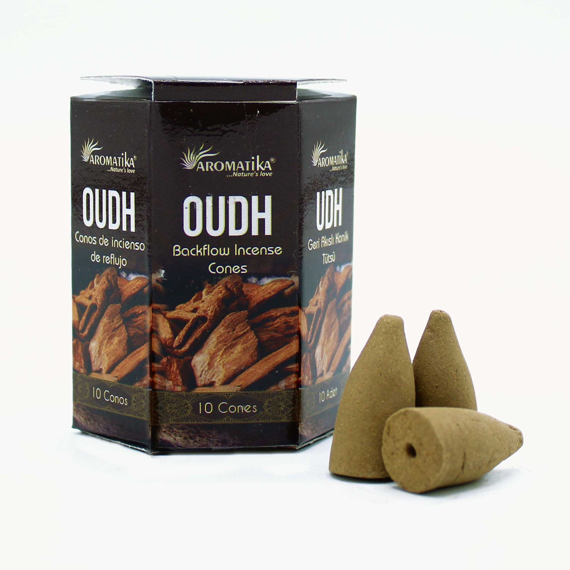 Aromatika Oudh backflow incense cone box with 10 richly scented cones featuring ancient, resinous aroma and visual smoke cascade.

