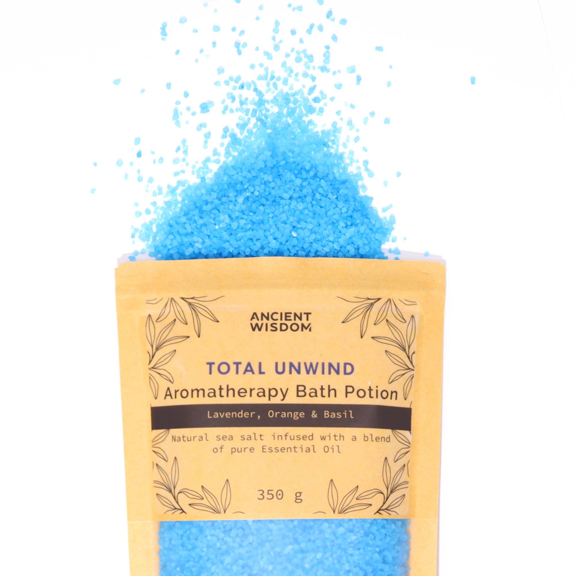 Aromatherapy Bath Salt Total Unwind with lavender, orange, and basil oils in a 350g pouch.

