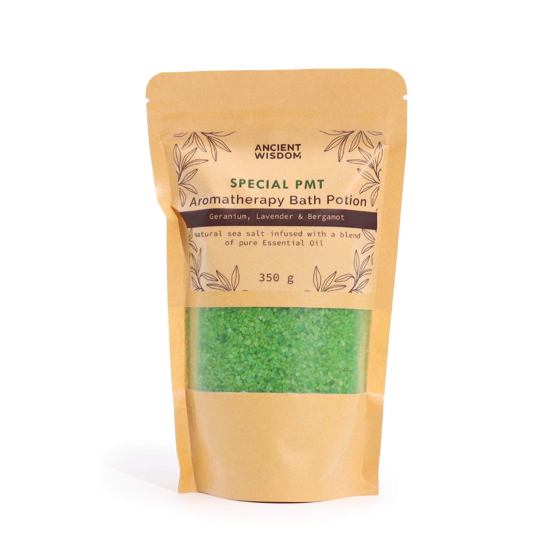 Aromatherapy Bath Salt Special PMT with geranium, lavender, and bergamot oils in a 350g pouch.

